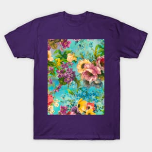 Vintage floral garden, shabby chic, vintage botanical, flowers illustration, aqua blue vintage floral pattern T-Shirt